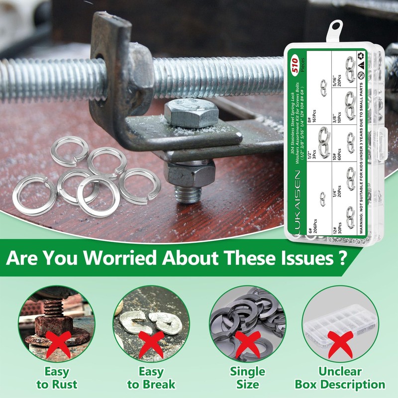 Split Lock Washer, 510Pcs 304 Stainless Steel Spring Lock Washers