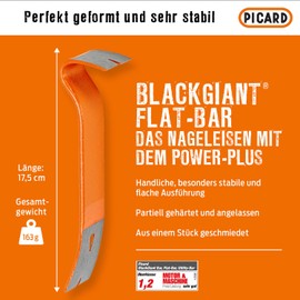 Picard BlackGiant® 0004699-001 Flat Bar No. 46X 175 mm Forged from One Piece Extremely Stable Handy with Nail Lifter Crowbar