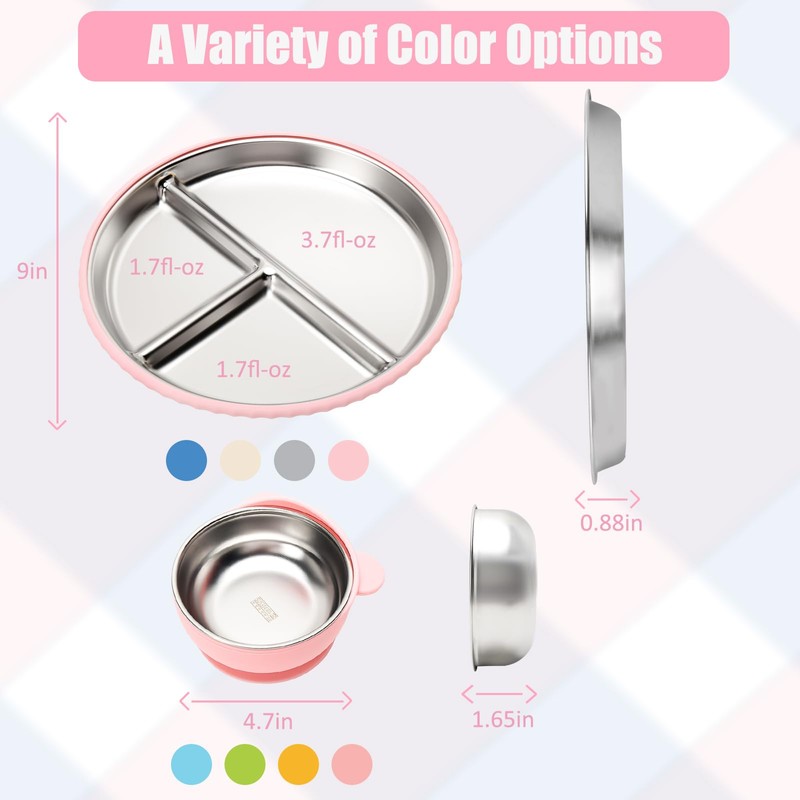 MISSLILI Stainless Steel Kids Plates and Bowls with Suction, Divided