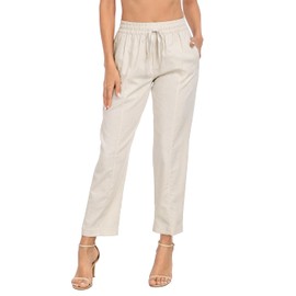 HDE Women's Linen Blend Pull On Pants Summer Drawstring Ankle Pant with Pockets Khaki Sand - XL