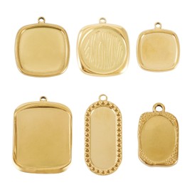 FASHEWELRY 6Pcs 18K Gold Plated Rectangle Oval Bezel Tray Charms Stainless Steel Blank Bezel Pendant Trays Dangle Geometric Metal Charms for DIY Necklace Photo Jewelry Making
