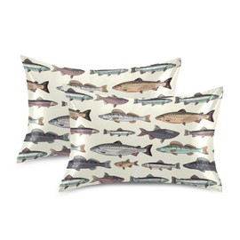 Vintage Fishes Pillow Covers Silk Pillowcase for Hair and Skin with Envelope Closure Satin Pillowcase Standard Size Pillow Case for Women Bedroom Bed Sleeping (20x26 Inch)