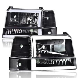 PIT66 LED Headlight Assembly w/Corner Signal Bumper Lamps, Compatible with 1992-1996 Ford F150 Bronco F250 F350 HeadLamps Clear Lens Black Housing Clear Reflector