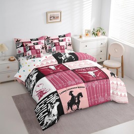Erosebridal Country Western Bedding Sets Tribe Geometry Aztec 7 Piece Comforter Set Full Bed in a Bag,Cowboy Horse Sheet Set with Comforter,Gothic Bull Skull Cowgirl Southwestern Decor,Black Pink