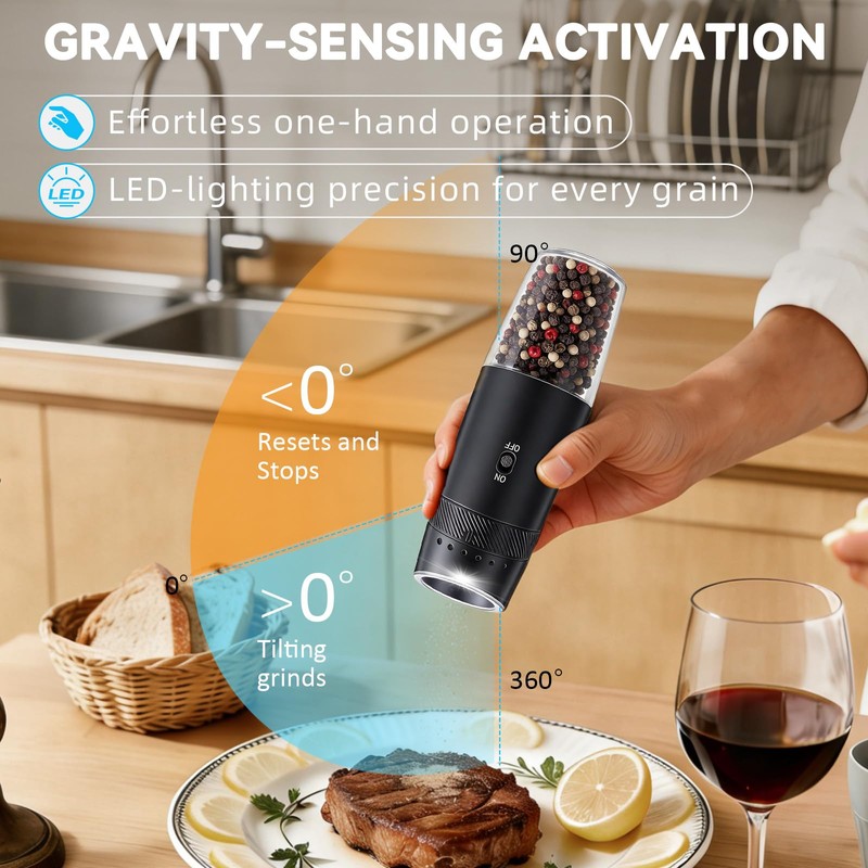 Rechargeable Salt and Pepper Grinder Set, Gravity Electric Salt and
