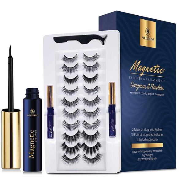 Magnetic Eyeliner and Lashes Magnetic Eyelashes Natural Look Kit False Lashes 10 pairs with Magnetic Eyelash Applicator Tool