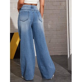 SweatyRocks Women's Casual High Waisted Wide Leg Ripped Denim Jeans with Pocket Blue L