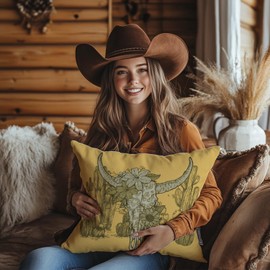 Poecinvi Western Cow Skull Pillow Covers 18x18, Yellow Bull Skull Pillow Cover, Desert Cactus Pillow Case, Vintage Western Decor, Desert Cowgirl Room Decor, Cowgirl Gifts for Women.