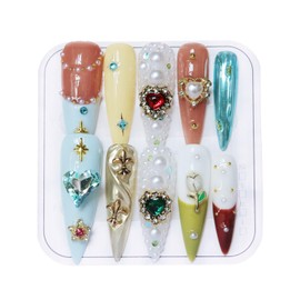 CAMILCY Press on Nails Handmade Nails Luxury Reusable Fake Nails For Girls Extra long Almond Tip Blue Colorful Diamonds HandPainted Salon Loveful Design Acrylic GelUV Finished For Women 3DNails10PCS L