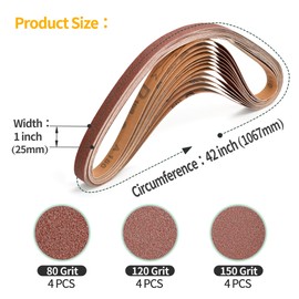 Montemono 12 PCS 1 x 42 Inch Belt Sander Sanding Belts | 25x1067mm Aluminum Oxide Sander Belts 4 Each of 80/120/150 Grit Belt Sander Paper for Belt Sander