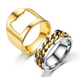 Fuqimanman2020 2pcs Stainless Steel Bottle Opener Rings Set Spinner Chain Thumb Creative Beer Bar Opening Tool Ring for Men Women Party Jewelry-Gold 7