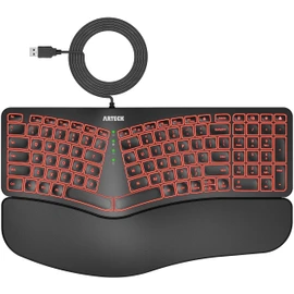 Arteck Ergonomic USB Wired Keyboard with Cushioned Wrist & Palm Rest, Backlit 7 Colors & Adjustable Brightness Comfortable Natural Split Keyboard with 6 Feet Wire for Windows Computer Desktop Laptop