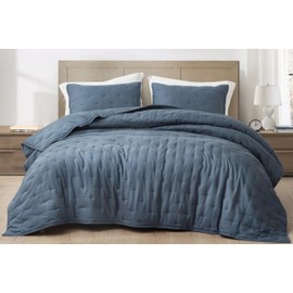 Chezmoi Collection Glen 3-Piece Crescent Stitched Quilt Set, King Size, Steel Blue - Rayon Derived from Bamboo & Polyester Blended, Soft Breathable Cooling Bedspread for Hot Sleepers