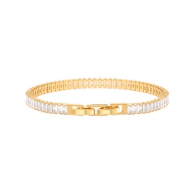 Aobei Pearl Baguette Cubic Zirconia Tennis Bracelet Classic 18k Gold Faux Diamond Bracelet for Women Dainty Adjustable Bracelet for Wedding 7-8”