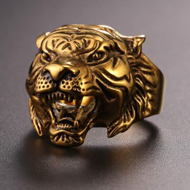 U7 Men's Punk Animal Signet Ring 18K Gold Plated Vintage Enamel Black Retro Tiger Head Ring -Size 11