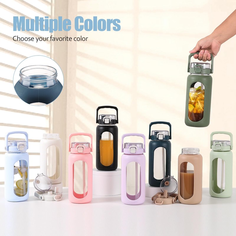 BLUEGO 64oz Glass Water Bottle with Handle and Straw, Motivational