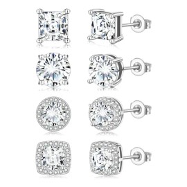 WEKIA - 4pares Aretes De Zirconia Plata 925 Para Mujer Hombre Moda