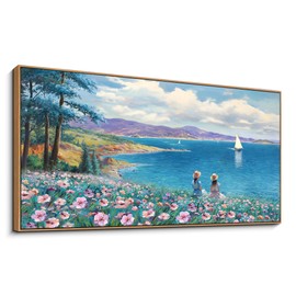 XLSJERST Large Landscape Wall Art - Blue Ocean Pink Flower Sailboat Mountain Tree Wall Decor Orange Frame Artwork for Wall Large Picture for Living Room Bedroom Home Office Wall Decoration Size 29x58