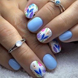 Short Press on Nails Square Spring Fake Nails Color Leaves Nails Press ons Glossy Glue on Nails Bule Full Cover False Nails with Spring Design Artificial Stick on Nails for Women 24Pcs