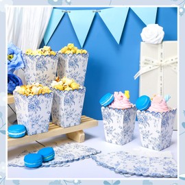 Gueevin 100 Pcs Floral Blue Popcorn Boxes with Scalloped Mini Paper Popcorn Box Bulk Floral Blue Party Favor for Movie Night Decorations Bridal Baby Shower Party Supplies