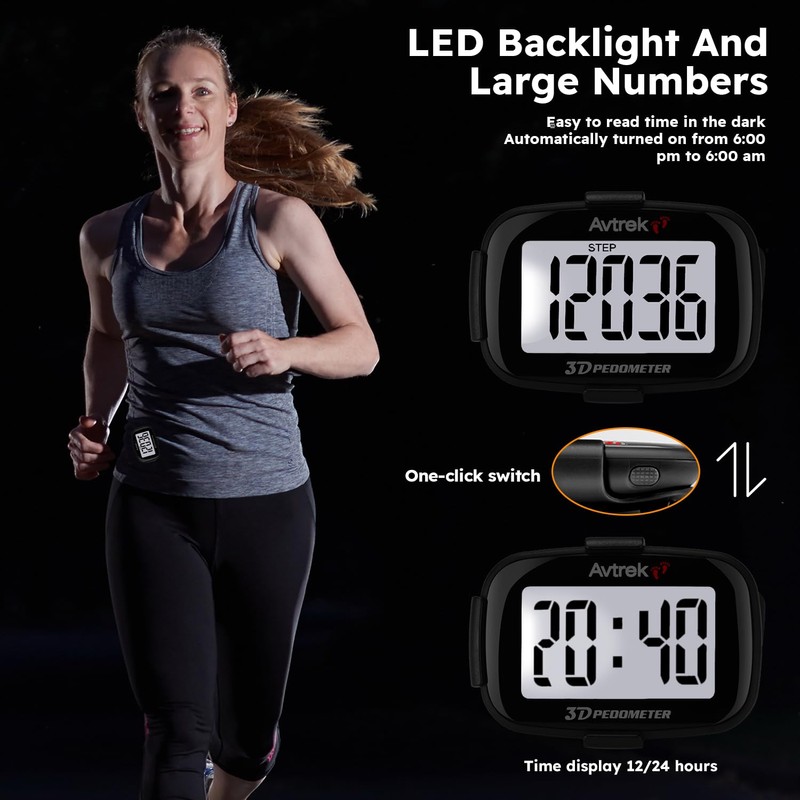 AVTREK 3D Step Counter Clip On with LED Backlight Pocket