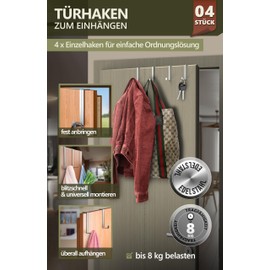 4smile Door Hooks for Hanging, Set of 4 - Stainless Steel Coat Hooks for Door or Cupboard, Versatile Hooks for Hanging - Door Coat Rack with High Load Capacity, Sturdy Door Hook Rail