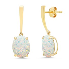 14k Yellow Gold Solitaire Oval Cut Created Opal Drop Dangle Earrings for Women with 10mm x 8mm October Birthstone and Push Back by MAX + STONE