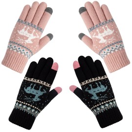 Chalier Fashion Women's Winter Warm Touchscreen Winter Gloves Snow Flower Print Keep Warm with Cashmere for Men and Women Reusable, Pink and black