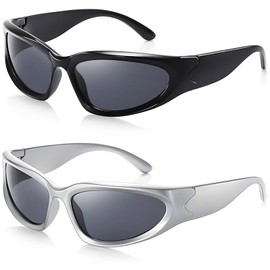 YcsRnn 2 Pack Rave Sunglasses - Retro Oval Wrap Around Sunglasses for Men & Women, UV400 Cool Glasses for Outdoor, Party, Festival (Black & Silver)