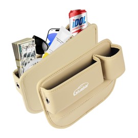 Car Seat Gap Filler,Premium Leather Car Seat Seam Padding Organizer, Car Center Console Organizer with Cup Holder, Universal Women's/Men's Interior Accessories for Cars, SUVs and Trucks (Beige Set)