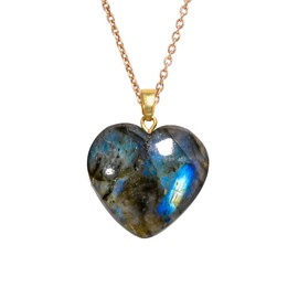 AURA GEMS Labradorite Gemstone Heart Shape Pendant Necklace, Natural Cabochon, Women Jewelry, Energy Healing Crystals, Calm Chakra, Birthstone, Gift for Women, Gold Plated Jewelry 18 inch, AA+ Quality