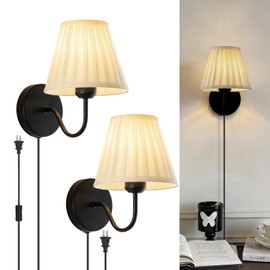 Plug in Wall Sconces with White Fabric Shades, Black Wall Sconces Set of Two, Modern Wall Lighting Fixture with On/Off Switch, Indoor Corded Wall Lamp for Bedroom, Living Room, Hallway, Bedside