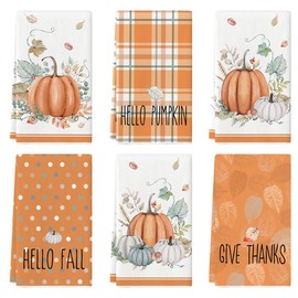 Artoid Mode Orange Watercolor Stripes Hello Pumpkin Fall Kitchen Towels Dish Towels, 18x26 Inch Seasonal Leaves Decoration Hand Towels Set of 6