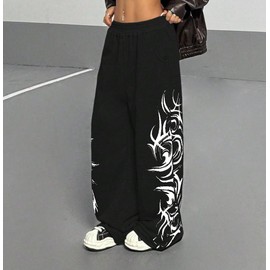ZAFUL Womens Wide Leg Sweatpants Y2K Gothic Graffiti High Waisted Lounge Pants Athletic Joggers Pants with Pockets 1-Black L