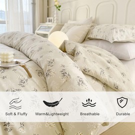 EAVD Garden Style Floral Comforter Set Twin XL Soft Washed Microfiber Beige Bedding Comforter Set with 2 Pillowcases Boho Reversible Floral Botanical Comforter Set for Teen Girl