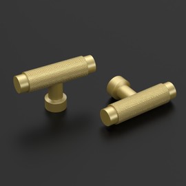 Amerdeco 10 Pack Matte Gold Knurled Cabinet Knobs 2 Inch Length Single Hole T Bar Gold Kitchen Cabinet Knob Knurled Cabinet Pulls for Drawer Dresser Cupboard AM003