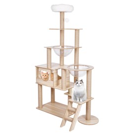 SEASAND Wooden Cat Tree, 65-Inch Cat Tower for Indoor Cats, Large Cat Nest with 15 Scratching Posts, 1 Perches, 1 Caves, 2 Transparent Space Capsule, Cat Furniture, Wood Color