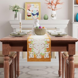 BOTB LIHM Easter White Cute Bunny Carrots Rabbits Cloth Table Runner Burlap Table Decoration for Spring Home Kitchen Dining Dinner Indoor Holiday Farmhouse Decor 13x36 Inch