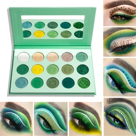 15 Colors Green Eyeshadow Palette Highly Pigmented Matte Eyeshadow Makeup Pallete Shimmer Glitter Eye Shade Yellow Lime Grass Grinch Green Makeup Long Lasting Blendable Eye Shadow Pallete