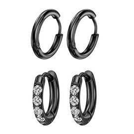 10G 8mm Black Stainless Steel Huggie Earrings Huggie Hoop Earrings with Cubic Zirconia Black Huggie Earrings with CZ Small Hoop Earrings with CZ Dainty Hoop Earrings with CZ