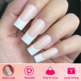 AddFavor French Tip Press on Nails Long Square Fake Nails, 240pcs White French Nails Press on Square Matte Nude Acrylic Nails with Adhesive Tabs for Women