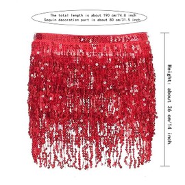Belly Dance Hip Scarf Sequin Tassel Skirt Dance Wrap Skirts Sparkly Fringe Rave Outfits for Women Red