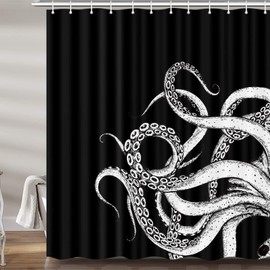 Octopus Decor Shower Curtain for Bathroom, Funny Black and White Sea Monster Kraken Animal Goth Fabric Shower Curtains Set, Unique Novelty Nautical Gothic Restroom Accessories with Hooks 72X75