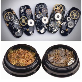 erioctry 2 Boxes Mixed Pattern Ultra-thin 3D Metal Steampunk Gears Nail Art Decorations DIY Nail Tips Decal Steam Punk Gear Nail Charms DIY Nail Tips Accessories (Approx. 200-300PCS)