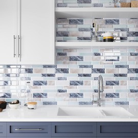 VEELIKE Mosaic Peel and Stick Tile Backsplash Blue Peel and Stick Backsplash for Kitchen Back Splash Stick on Tiles 12-Sheets Waterproof Removable Blue Wall Tiles for Bathroom Laundry Room 12''x12''