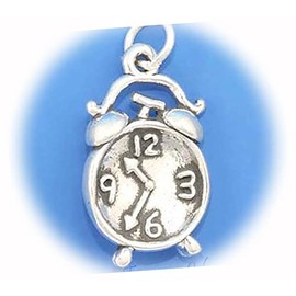 New Twin Bell Alarm Analog Clock 3D 925 Solid Sterling Silver Charm for Everyday Wear and Any Outfit ISLANL01284
