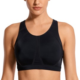 SYROKAN Women's Sports Bra for Large Breasts High Impact Full Coverage Padded Wireless Running Halter Neck Bra Black 2 34D
