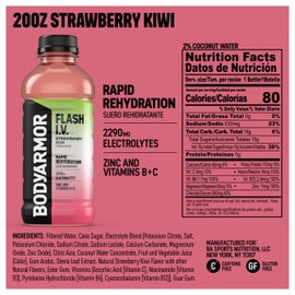 BODYARMOR Flash I.V. Electrolyte Beverage, Strawberry Kiwi, Hydration Drink with Coconut Water For Rapid Rehydration, Post Workout Recovery, 20 Fl Oz (Pack of 12)