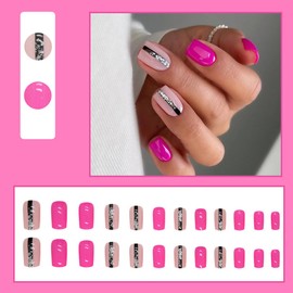 24 Pcs Press on Nails, Rose Pink Bling Fake Nails with Designs, Fake Nails Full Cover Stick on Nails Artificial Acylic False Nails Glossy Glue on Nails with Adhesive Tabs Nail File for Women Girls