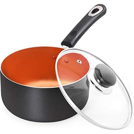 Utopia Kitchen 2 Quart Ceramic Nonstick Saucepan with Glass Lid - Multipurpose Use for Home Kitchen or Restaurant (Grey-Copper)